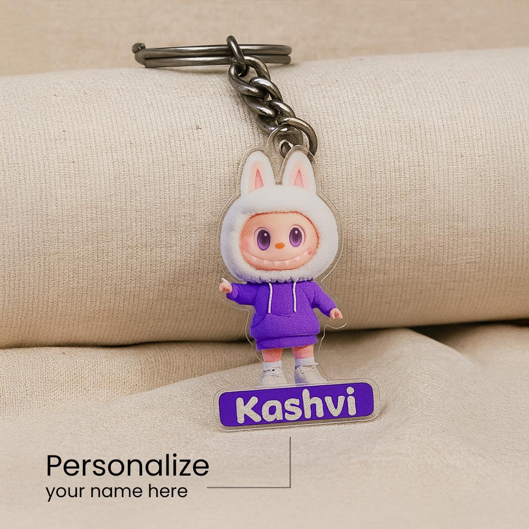 Personalized Bunny Hoodie Character Keychain – Custom Name Acrylic Charm | Love Craft Gifts