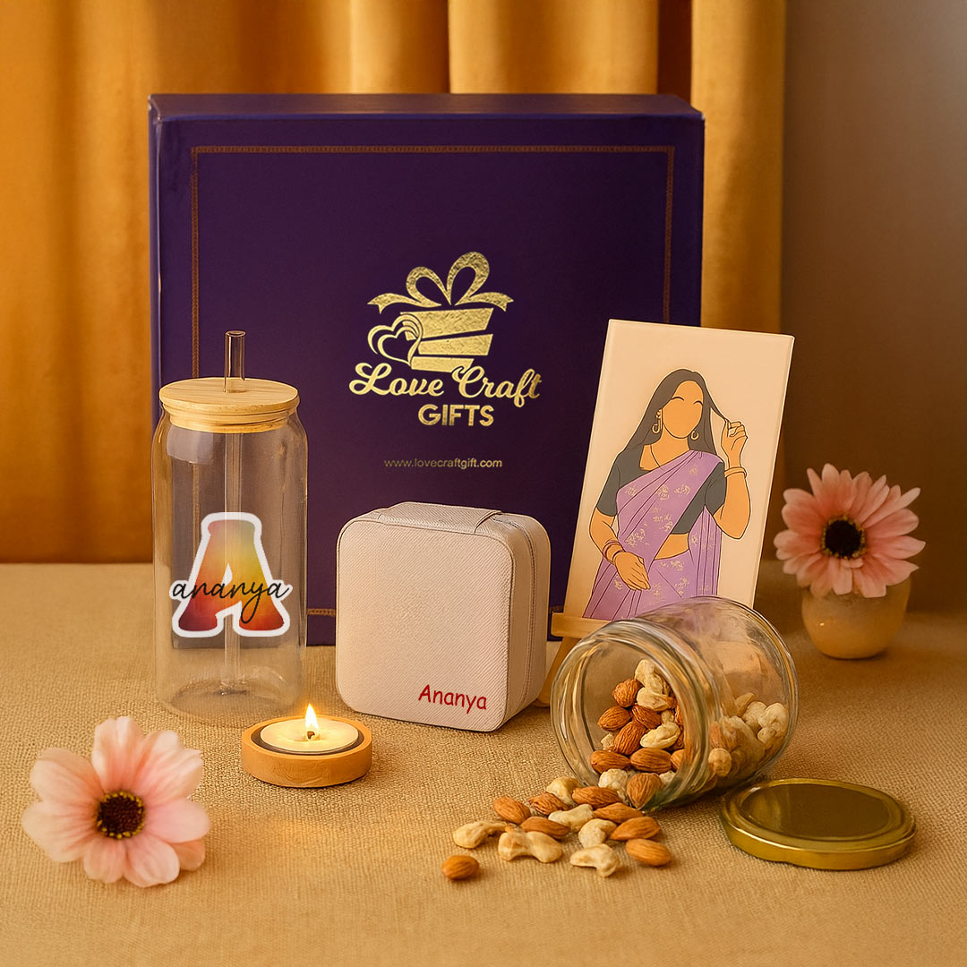 Personalized Dry Fruit Gift Box with Sipper, Jewelry Case & Flat Portrait Illustration | Love Craft Gifts