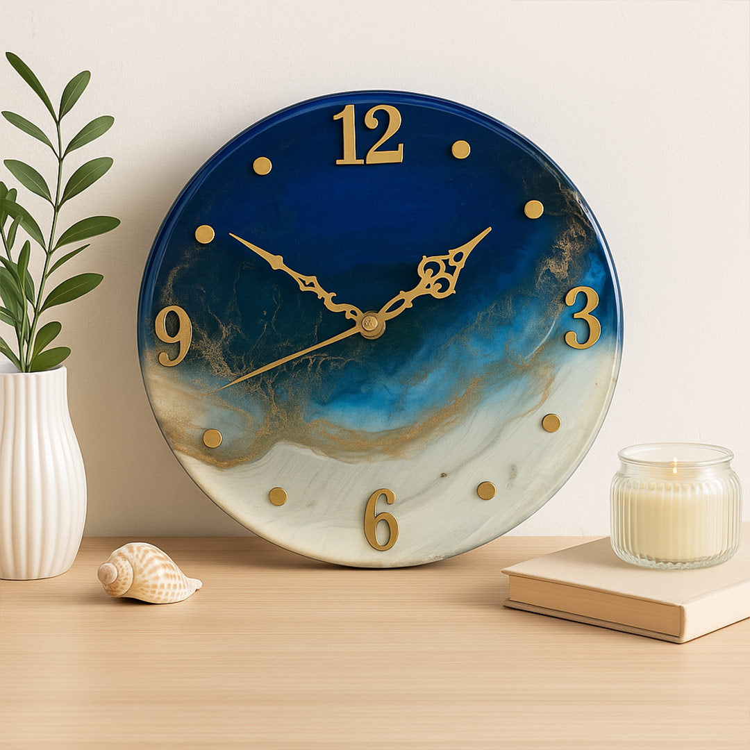 Blue & Gold Resin Wall Clock – Ocean Marble Finish | Love Craft Gifts