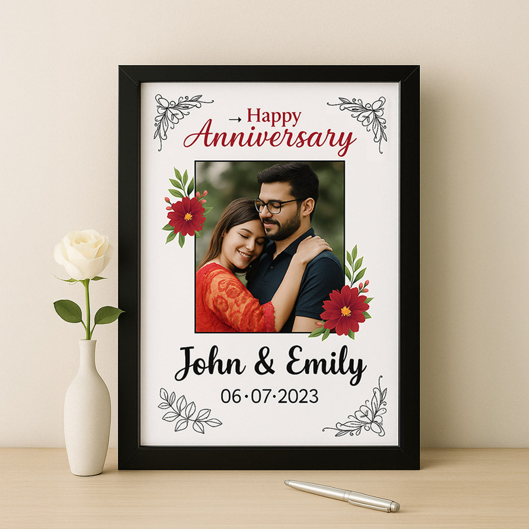 Floral Personalized Anniversary Frame with Photo & Names | Love Craft Gifts