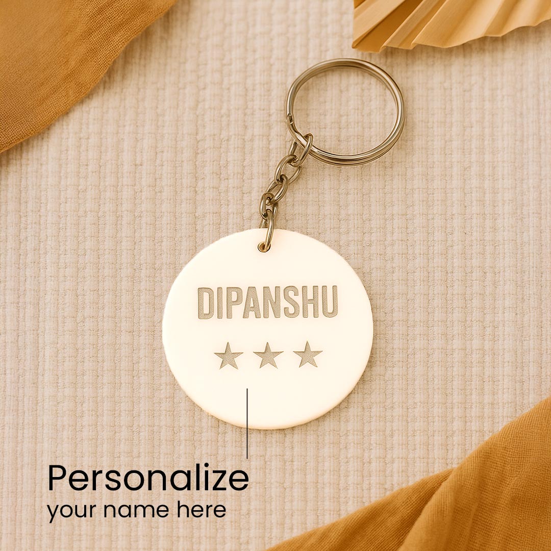 Personalized Round White Acrylic Keychain with Name & Star Engraving | Love Craft Gifts