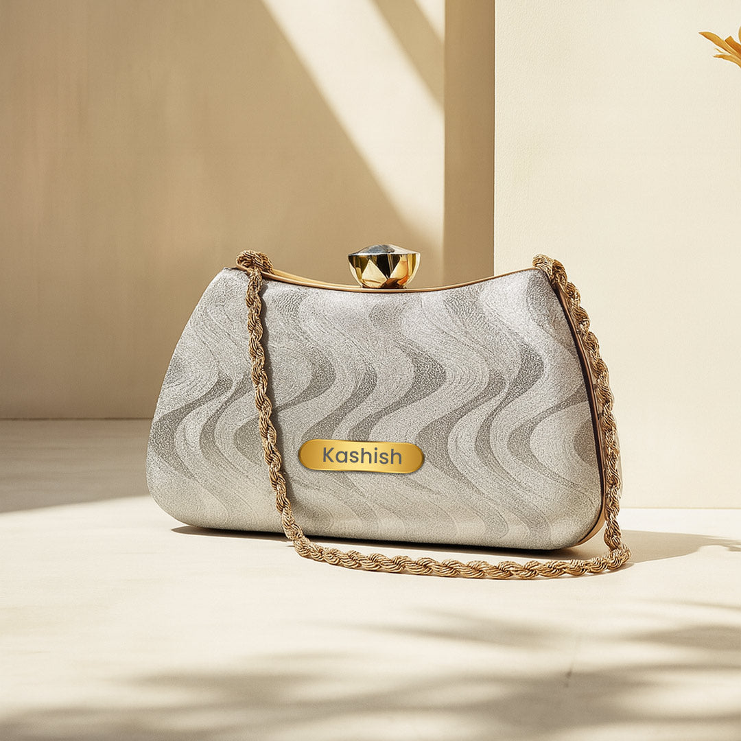 Elegant Personalized Silver Party Clutch with Golden Chain | Love Craft Gifts