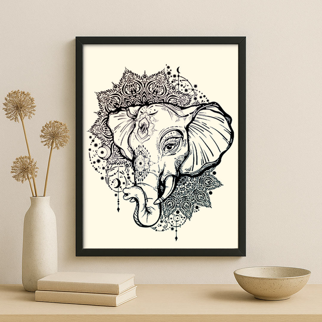 Ganesh Inspired Elephant Wall Art – Intricate Mandala Line Illustration | Love Craft Gifts