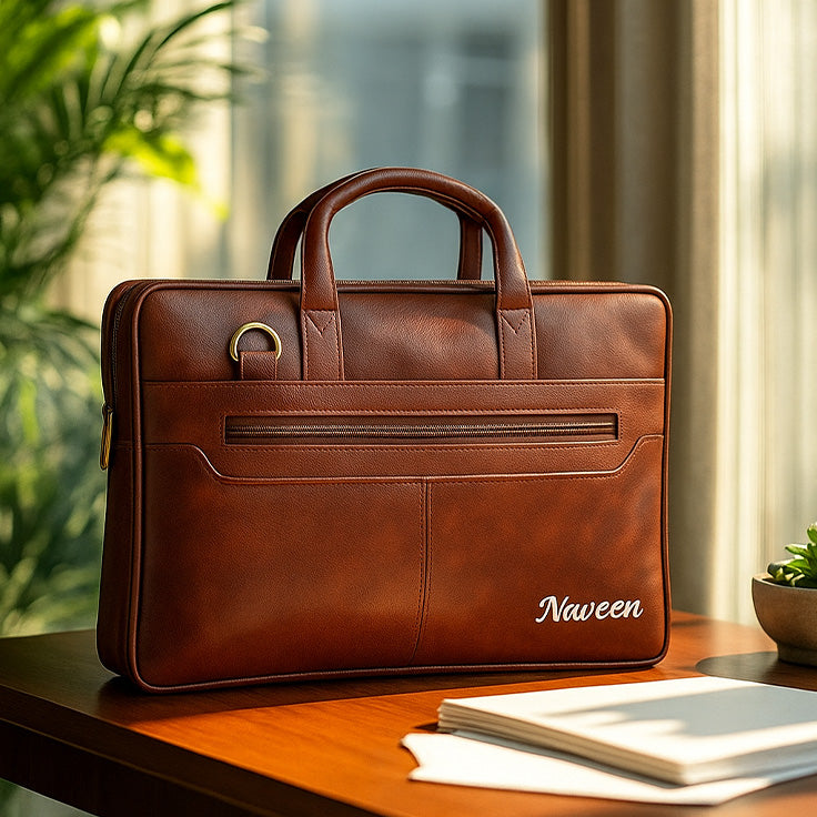 Personalized Brown Leather Office Laptop Bag – Custom Name Print | Love Craft Gifts