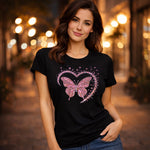 Pink Butterfly Heart Graphic Print Black T-Shirt