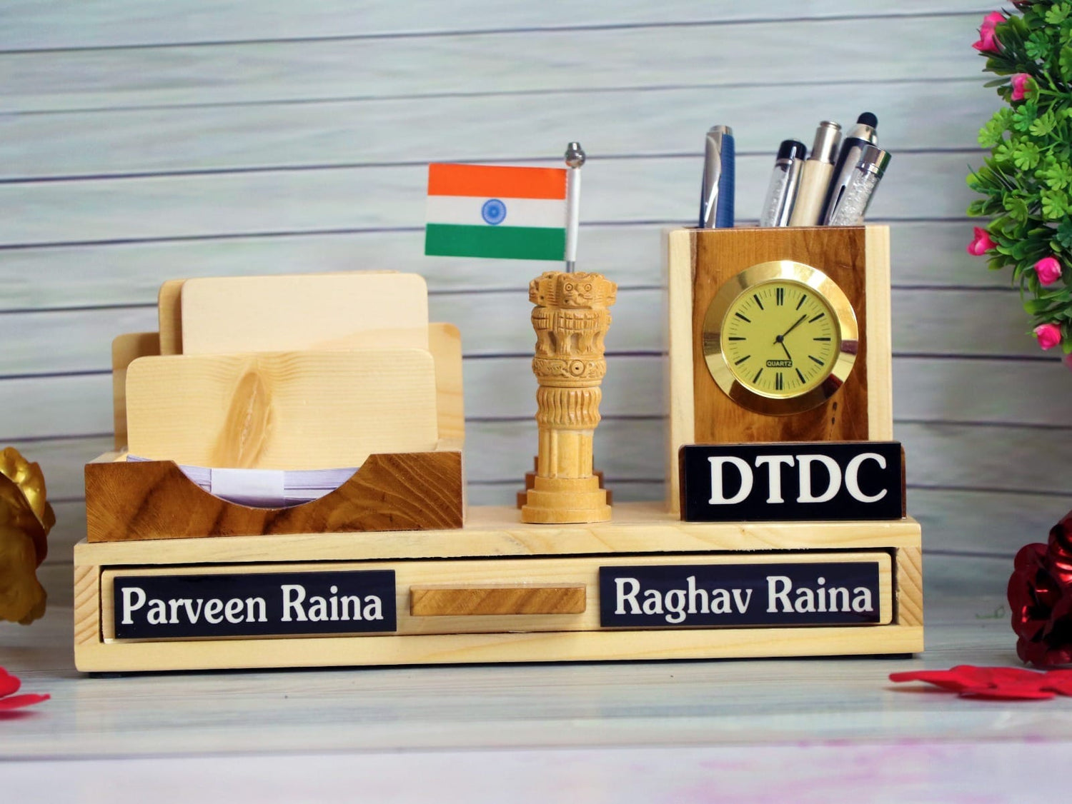 Wooden Desk Organizer with Clock & Coasters