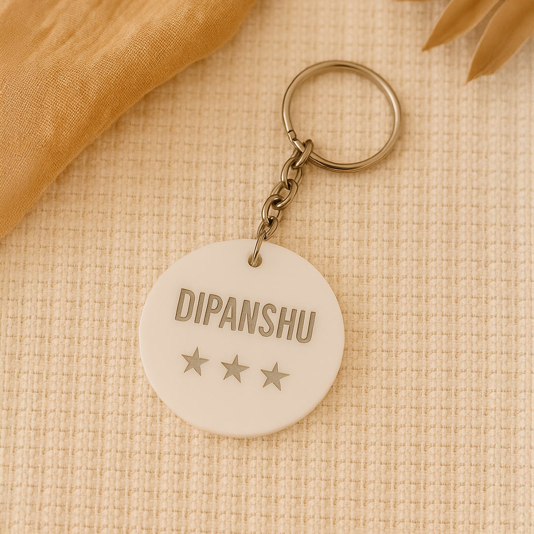 Personalized Round White Acrylic Keychain with Name & Star Engraving | Love Craft Gifts
