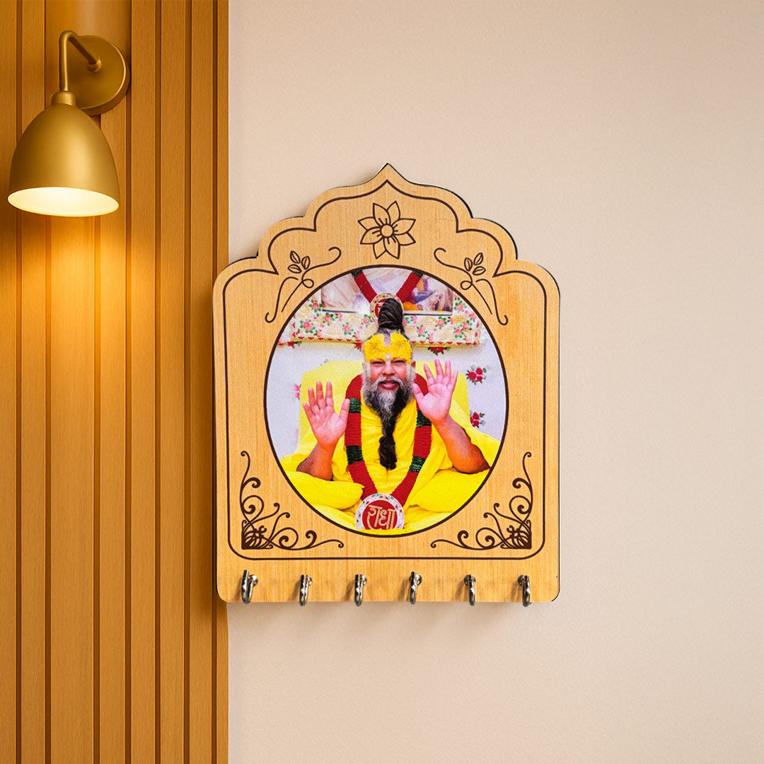 Premanand Maharaj Ji Wooden Wall Key Holder with Photo Frame | Love Craft Gifts
