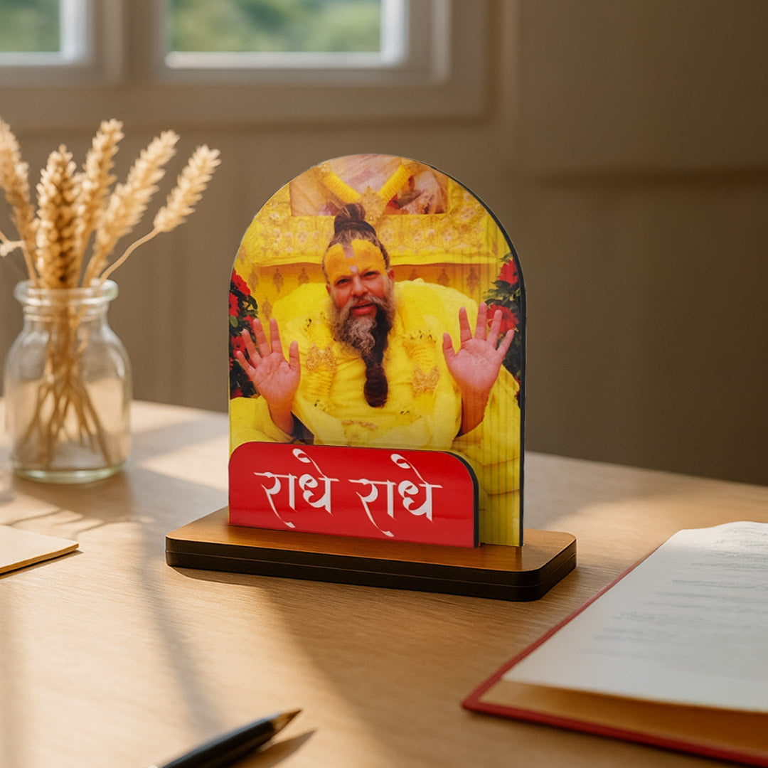 Premanand Maharaj Ji Wooden Table Stand – Devotional Radhe Radhe Photo Frame | Love Craft Gifts