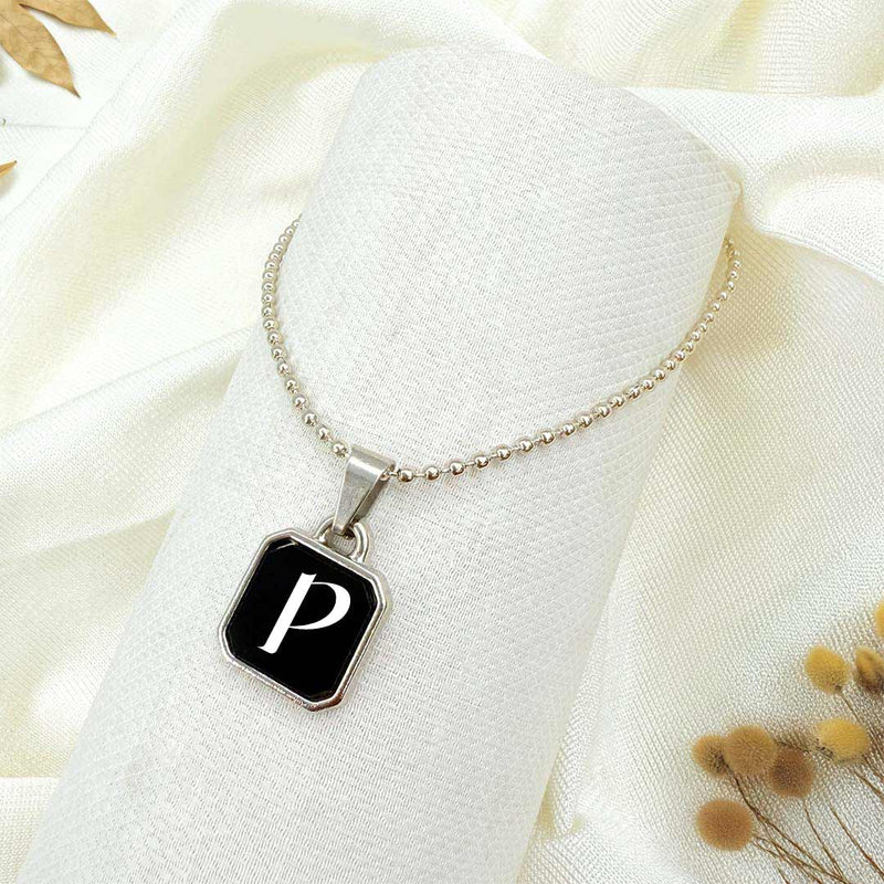 Square Initial Pendant Necklace – Custom Letter on Black Enamel with Silver Polish