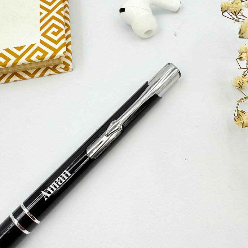 Personalized Pen Push & Pull Black Body with Silver Clip