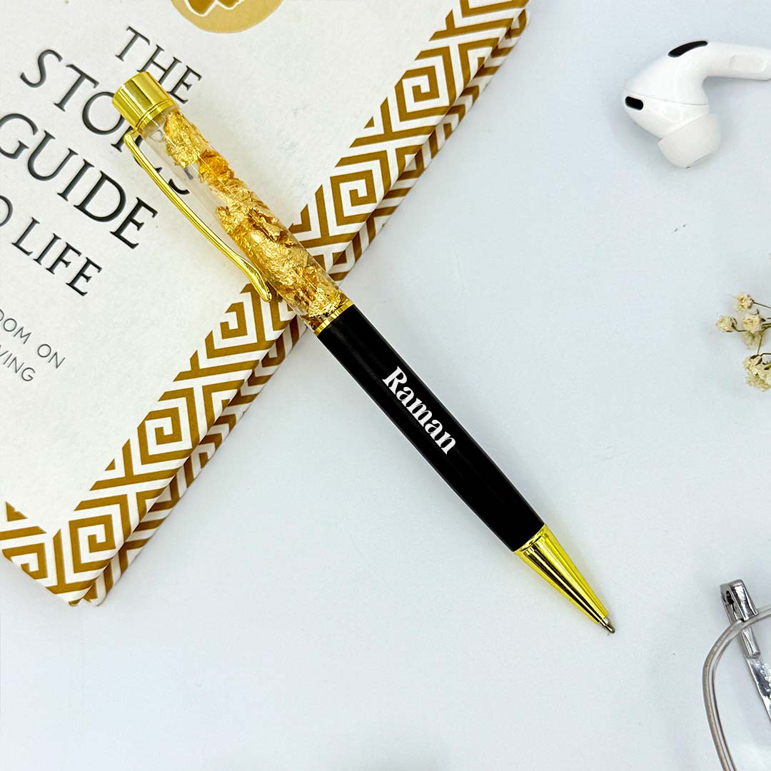 Personalized Pen Transparent Filled With Golden Foil Flakes