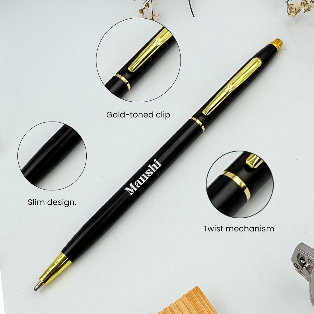 Personalized Twist Pen Slim Black Body with Golden Clip