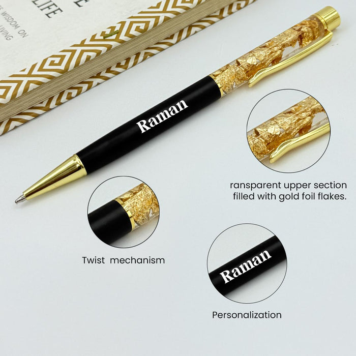 Personalized Pen Transparent Filled With Golden Foil Flakes