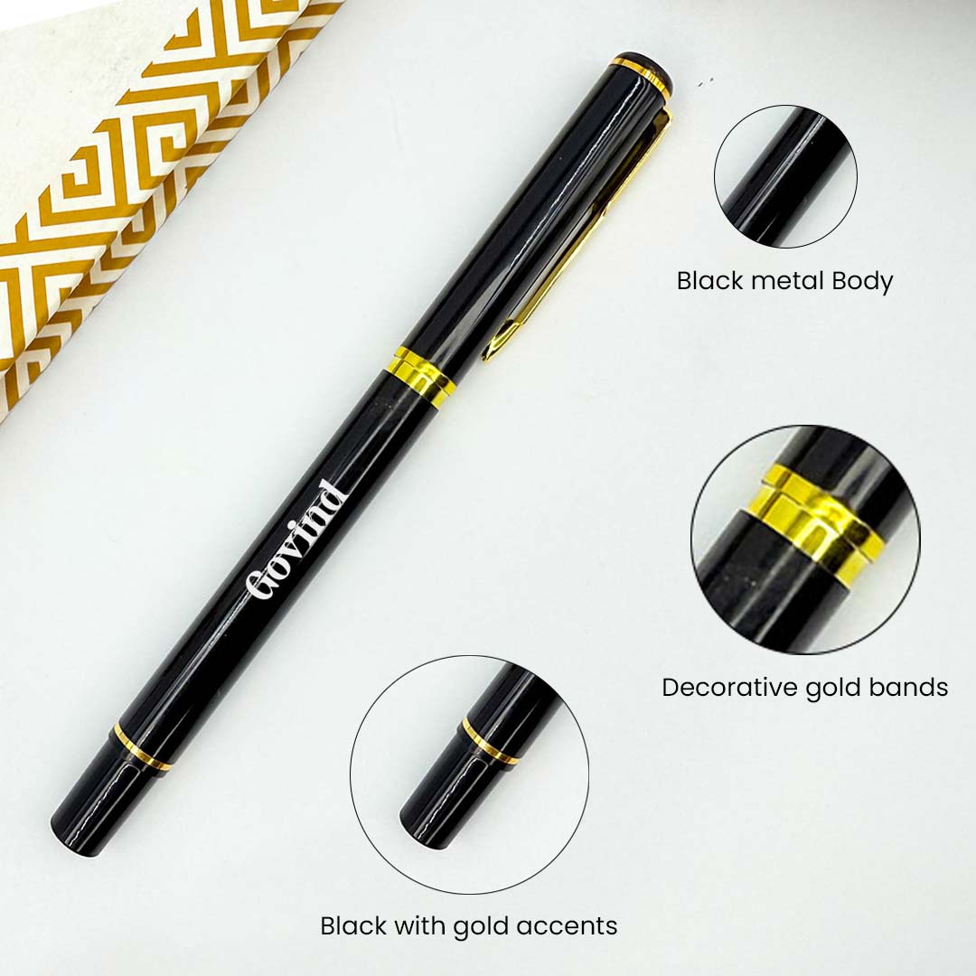 Personalized Black Metal Body With Decorative Gold Clip Pen