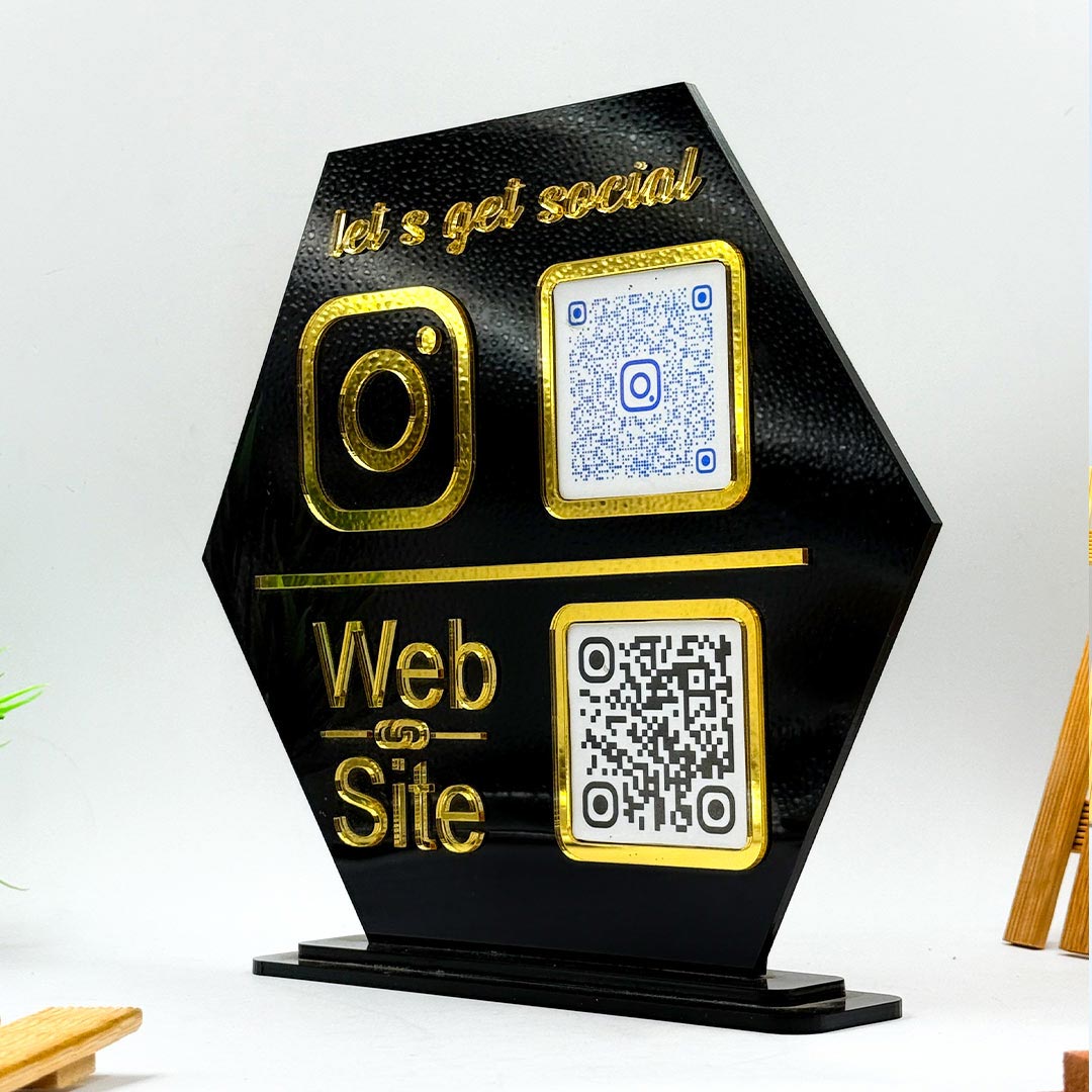 Custom QR Code Stand – Pentagon Shape in Black & White Acrylic