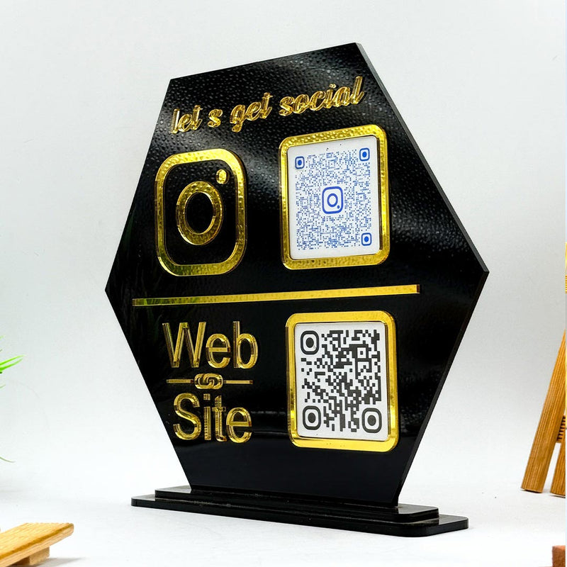 Custom QR Code Stand – Pentagon Shape in Black & White Acrylic