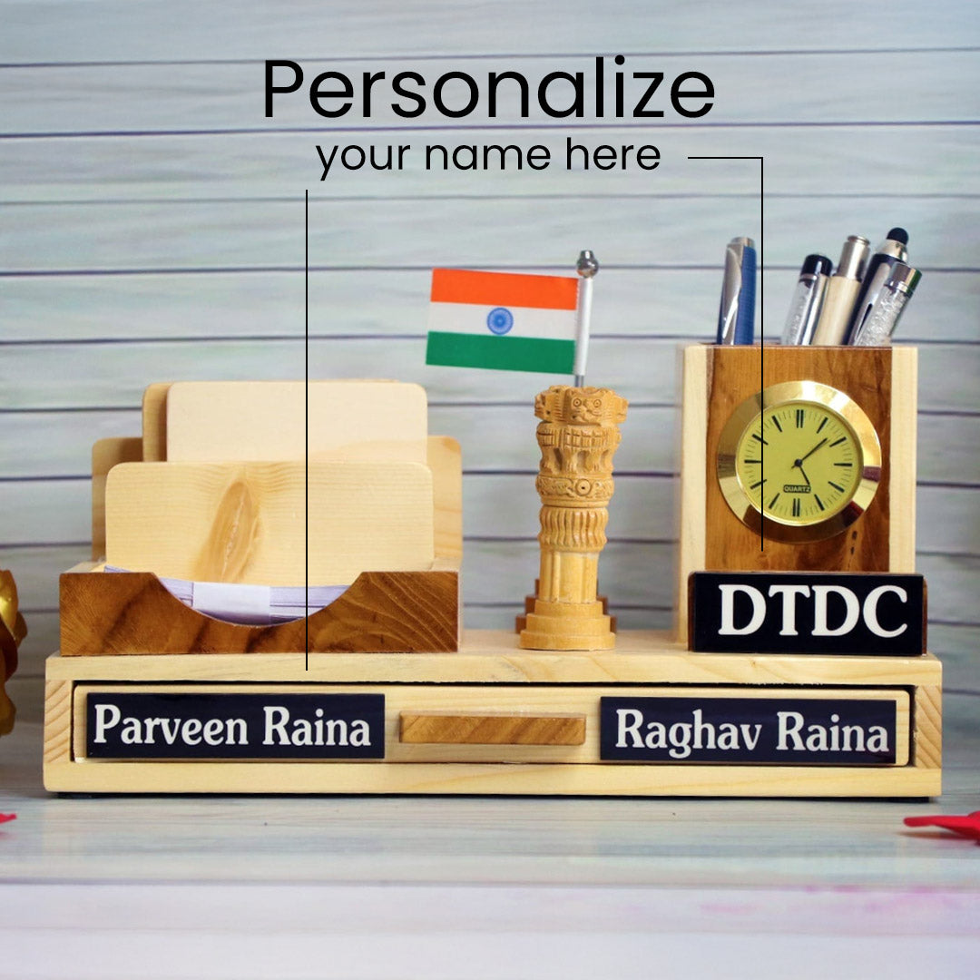 Wooden Desk Organizer with Clock & Coasters