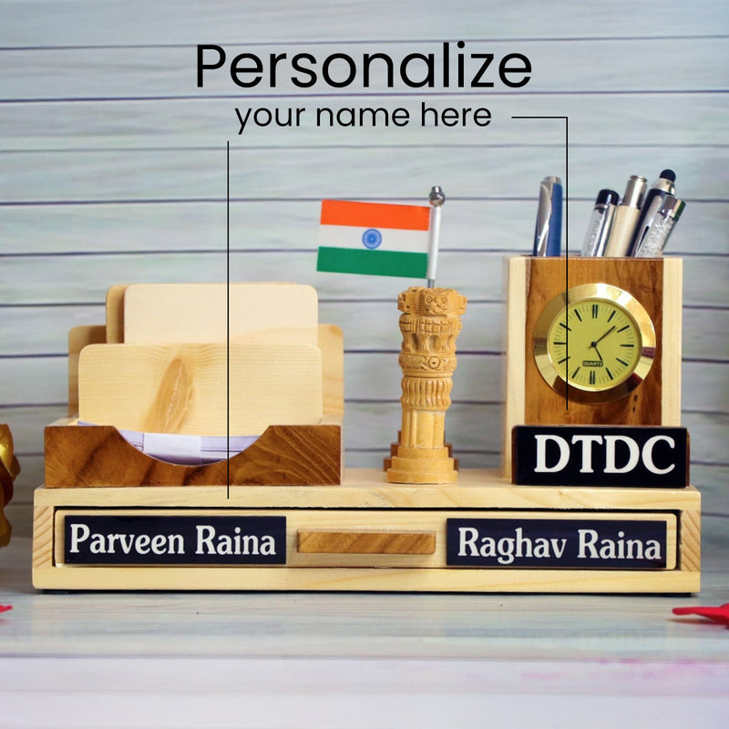 Wooden Desk Organizer with Clock & Coasters