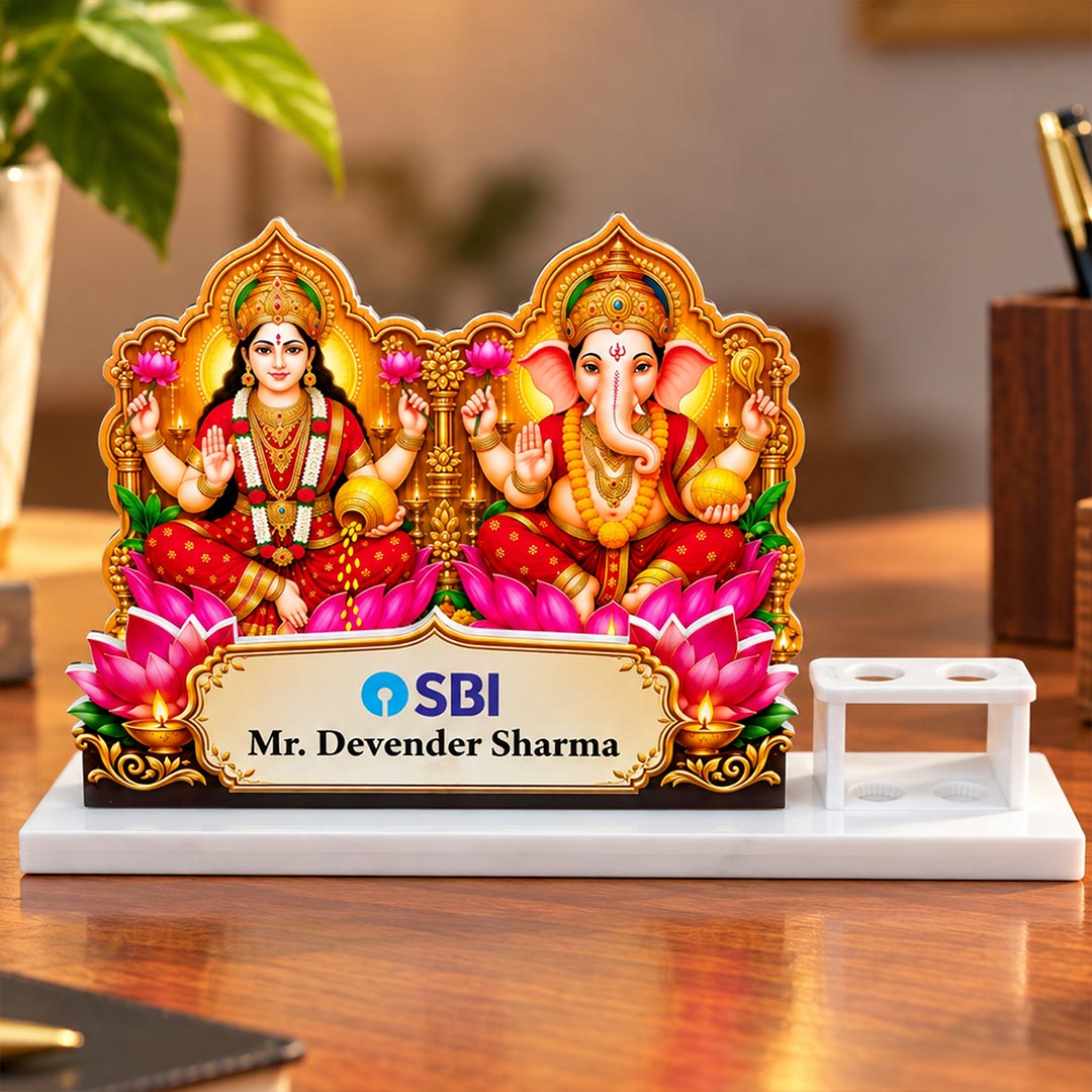 1. Personalized Employee Diwali Gift | Lakshmi Ganesha White Acrylic Pen Stand | Love Craft Gifts™