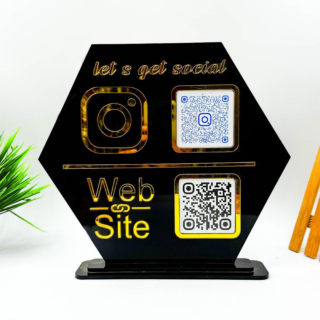 Custom QR Code Stand – Pentagon Shape in Black & White Acrylic