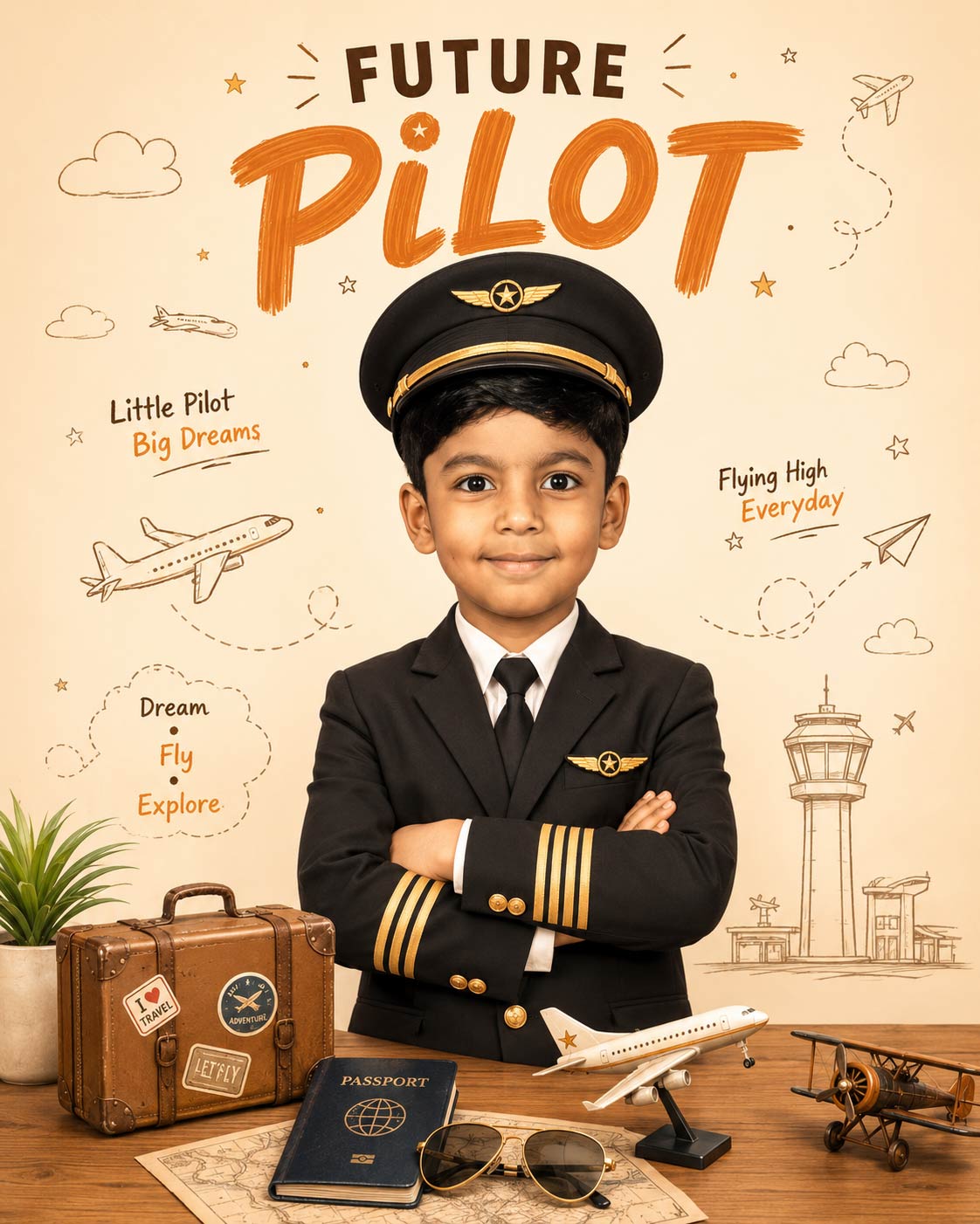 Personalized Future Pilot Portrait Digital Artwork | Custom Kids Aviation Dream Poster