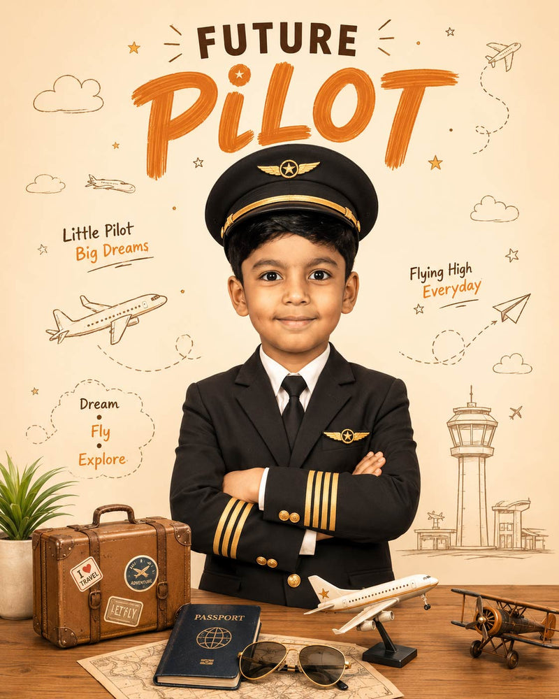 Personalized Future Pilot Portrait Digital Artwork | Custom Kids Aviation Dream Poster