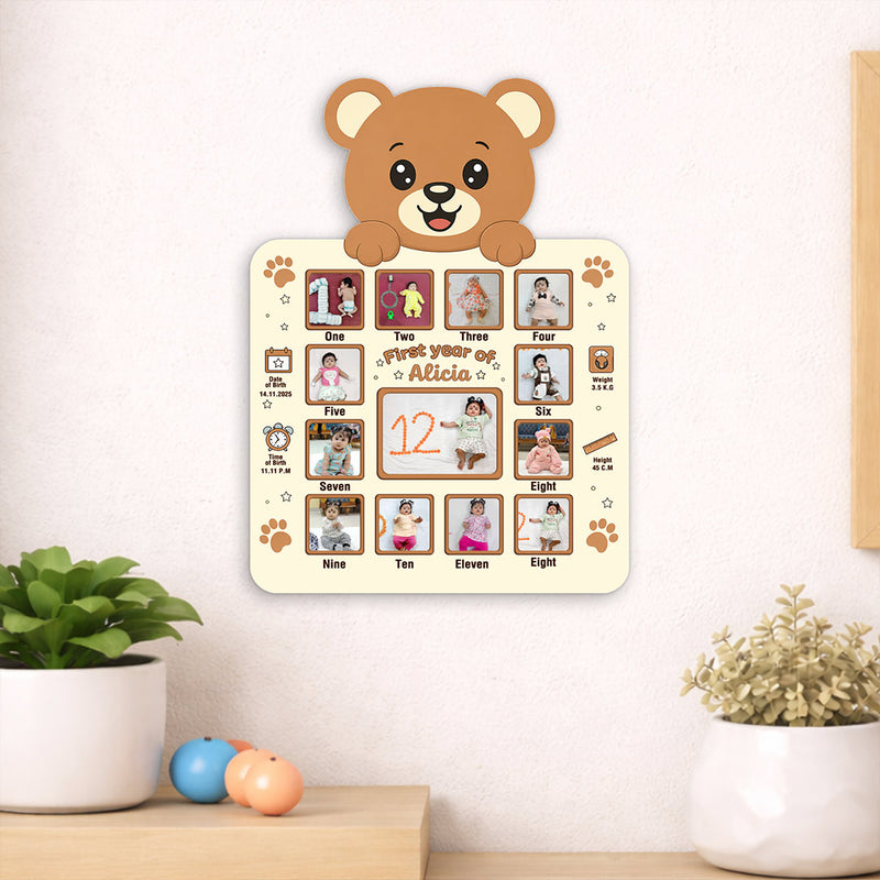 Personalized Baby First Year Photo Frame with Teddy Design – Custom Monthly Milestone Collage Wall Frame (11x15 Inch) | Love Craft Gifts™