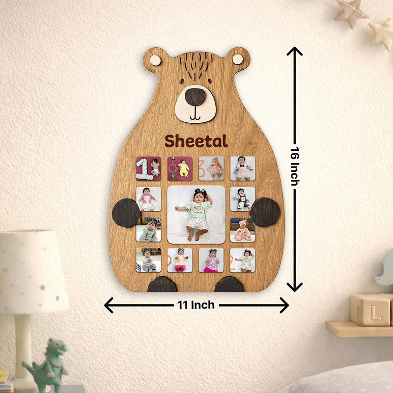Personalized Teddy Baby Monthly Photo Frame – Custom Name 12 Month Milestone Wooden Wall Frame (11x16 Inch) | Love Craft Gifts™