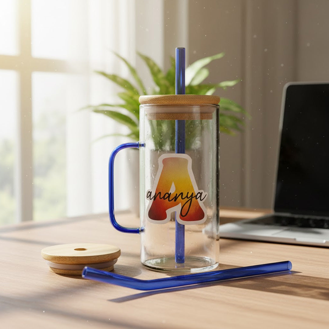 Custom Glass Tumbler with Straw & Bamboo Lid