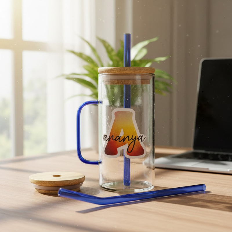Custom Glass Tumbler with Straw & Bamboo Lid