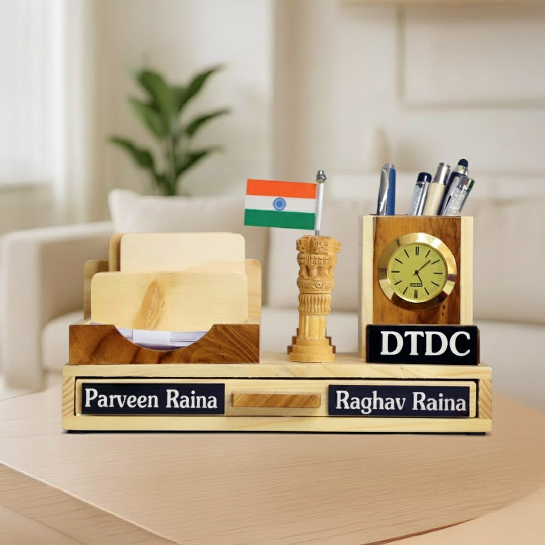 Wooden Desk Organizer with Clock & Coasters