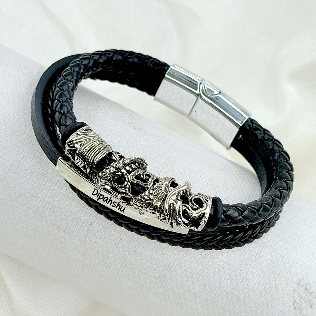 Custom Name Leather Bracelet for Men – Dragon Power Design