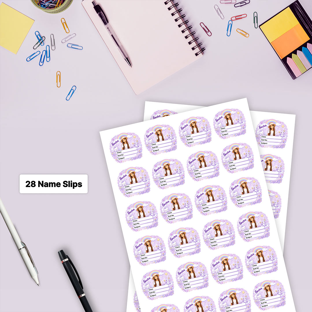Personalized Cute Bunny Rainbow Theme Kids Name Slips (2x3 Inch, 28 Stickers) – Custom Name & Photo School Labels | Love Craft Gifts
