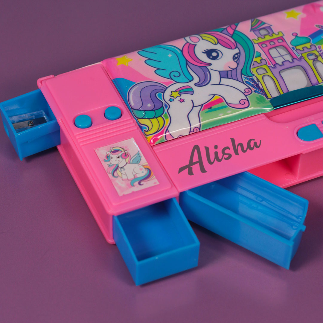 Personalized Unicorn Jumbo Pencil Box (Set of 1, Pink)