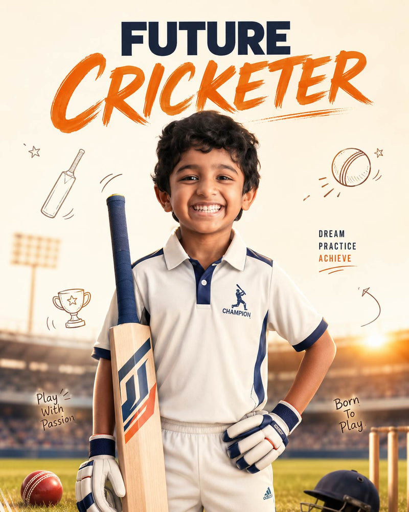 Personalized Future Cricket Champion Digital Portrait for Kids | Custom Cricket Theme Sports Artwork Gift