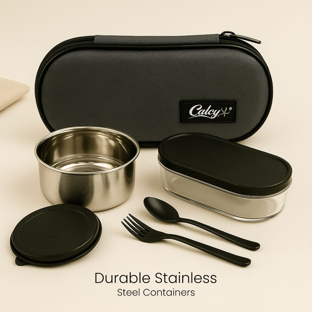 4-in-1 Compact Stainless Steel Lunch Box Set with Spoon, Fork & Pouch – Office & School Use| Love Craft Gifts