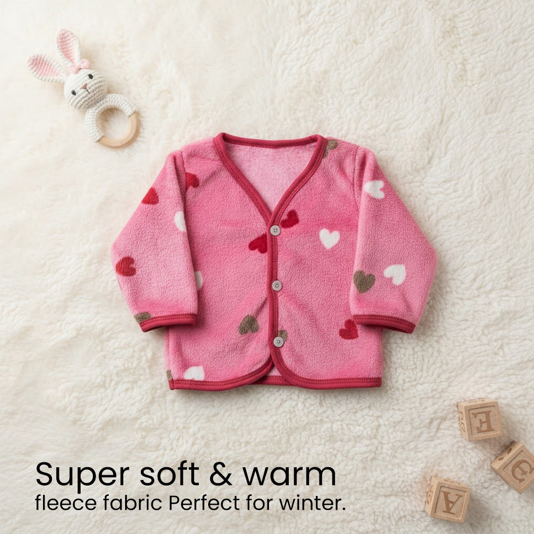 Baby Winter Fleece Set – 4 Pc Warm Wear Combo (Pink Hearts Print)| Love Craft Gifts