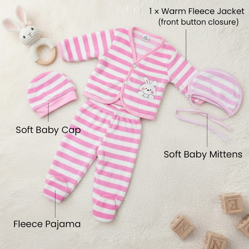 Pink Striped Baby Winter Fleece Clothing Set – 4 Pc