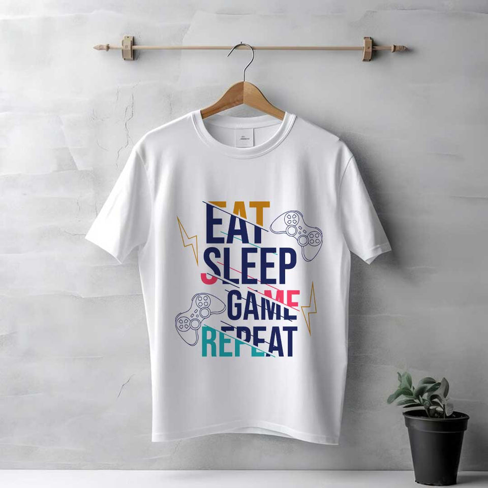 Men's White Eat Sleep Game Repeat T-Shirt | Love Craft Gifts