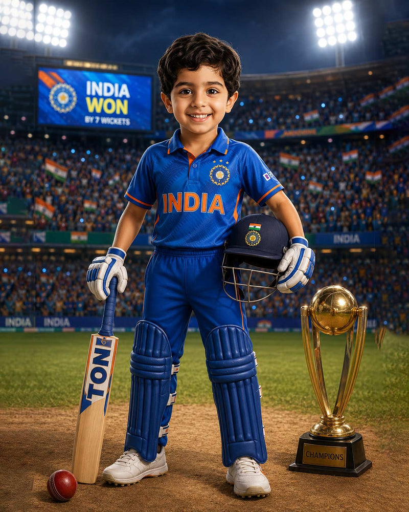 Personalized Future Cricket Champion Digital Portrait for Kids | Custom Cricket Theme Sports Artwork Gift