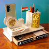 Customized Wooden Pen Stand With Clock, Indian Flag, Ashok Pillar