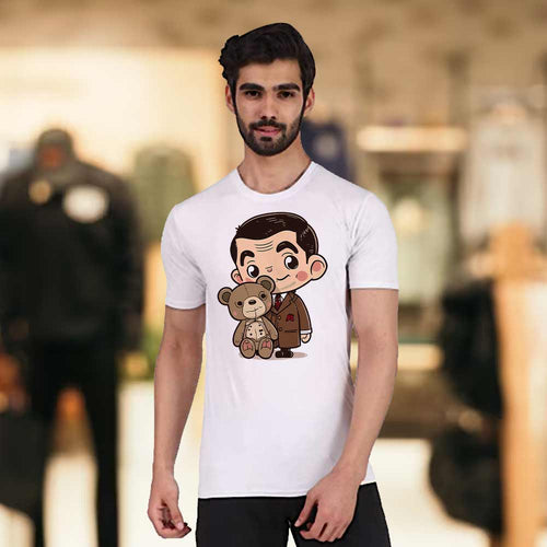 Men's White Cute Mr. Bean With Teddy T-Shirt | Love Craft Gifts