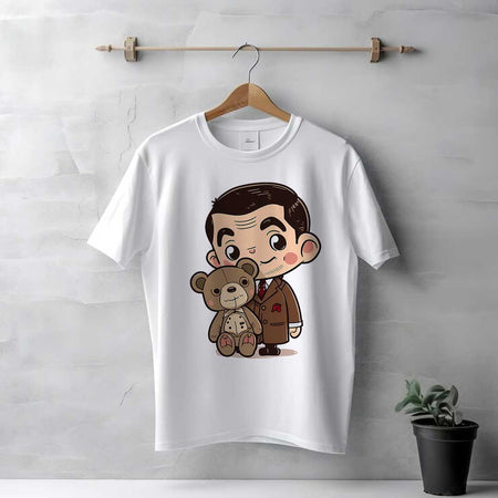 Men's White Cute Mr. Bean With Teddy T-Shirt | Love Craft Gifts