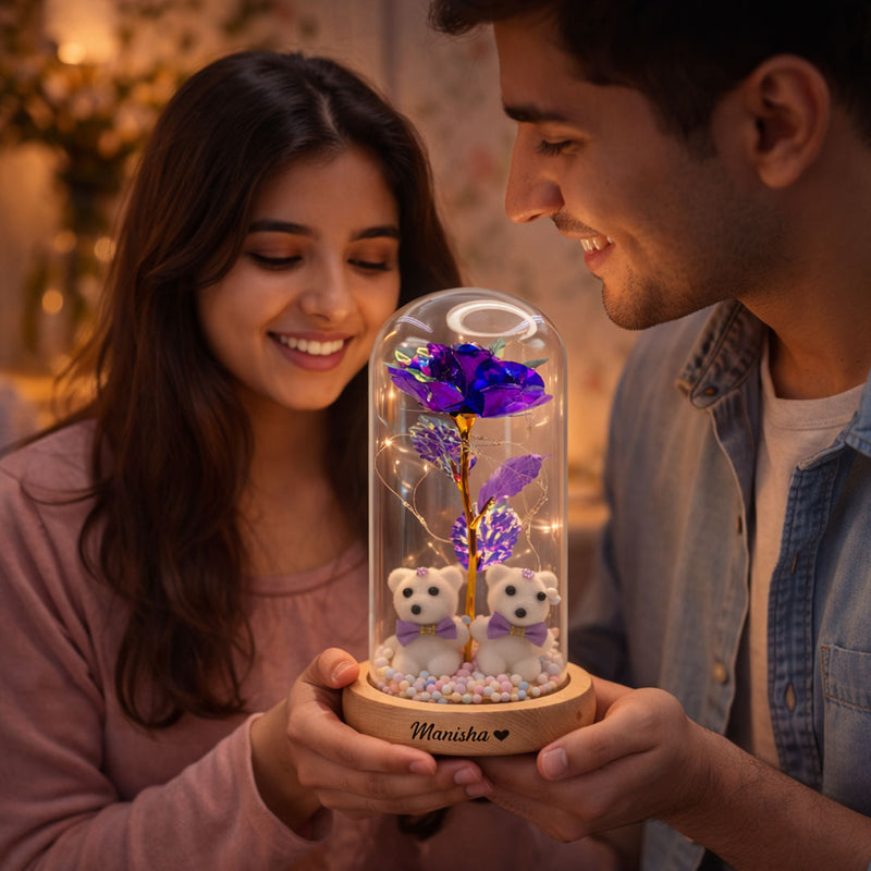 Forever Bloom Dome – Personalized Teddy Rose LED Lamp