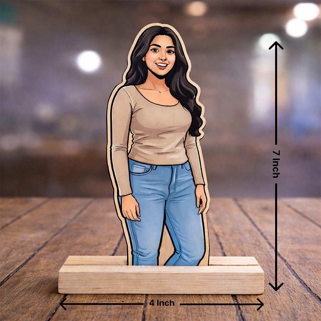 Personalized Cartoon Acrylic Photo Stand with Wooden Base – Custom Picture Cutout Table Top Gift (7x4 Inch) | Love Craft Gifts