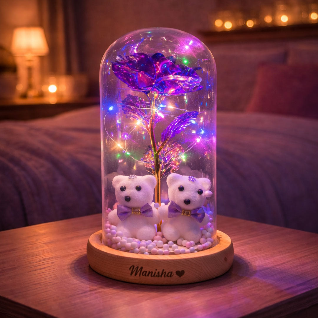 Forever Bloom Dome – Personalized Teddy Rose LED Lamp