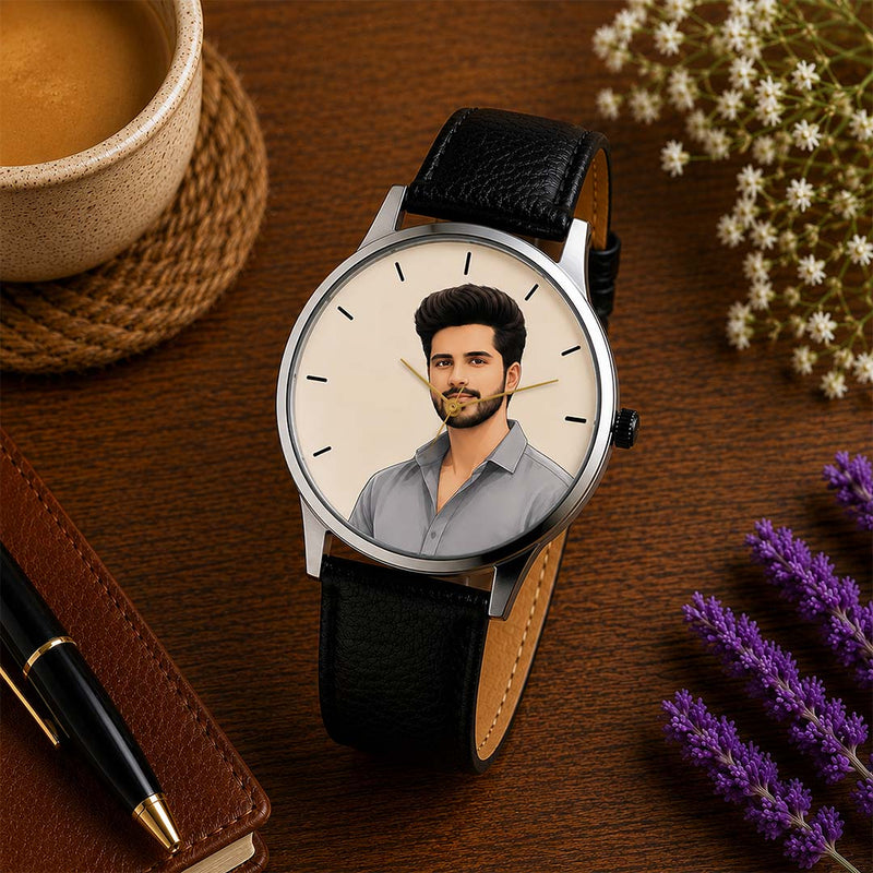 AI Portrait Personalized Leather Watch | Custom Photo Illustration Wrist Watch | Love Craft Gifts™