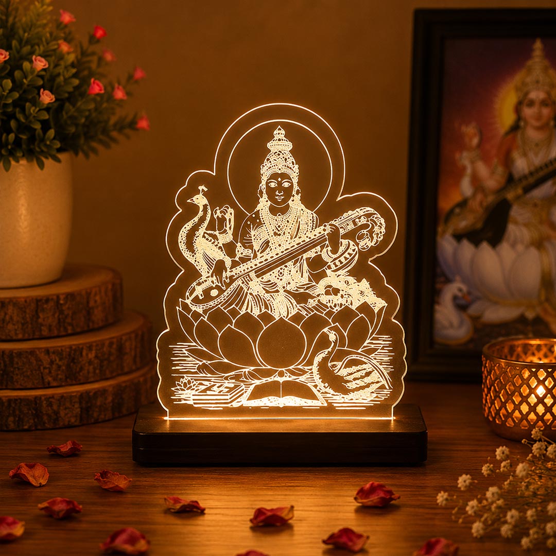 Maa Saraswati LED Acrylic Lamp with Swan – Goddess of Wisdom Decorative Night Light for Study Table, Home Temple & Spiritual Gifting | LoveCraftGifts™