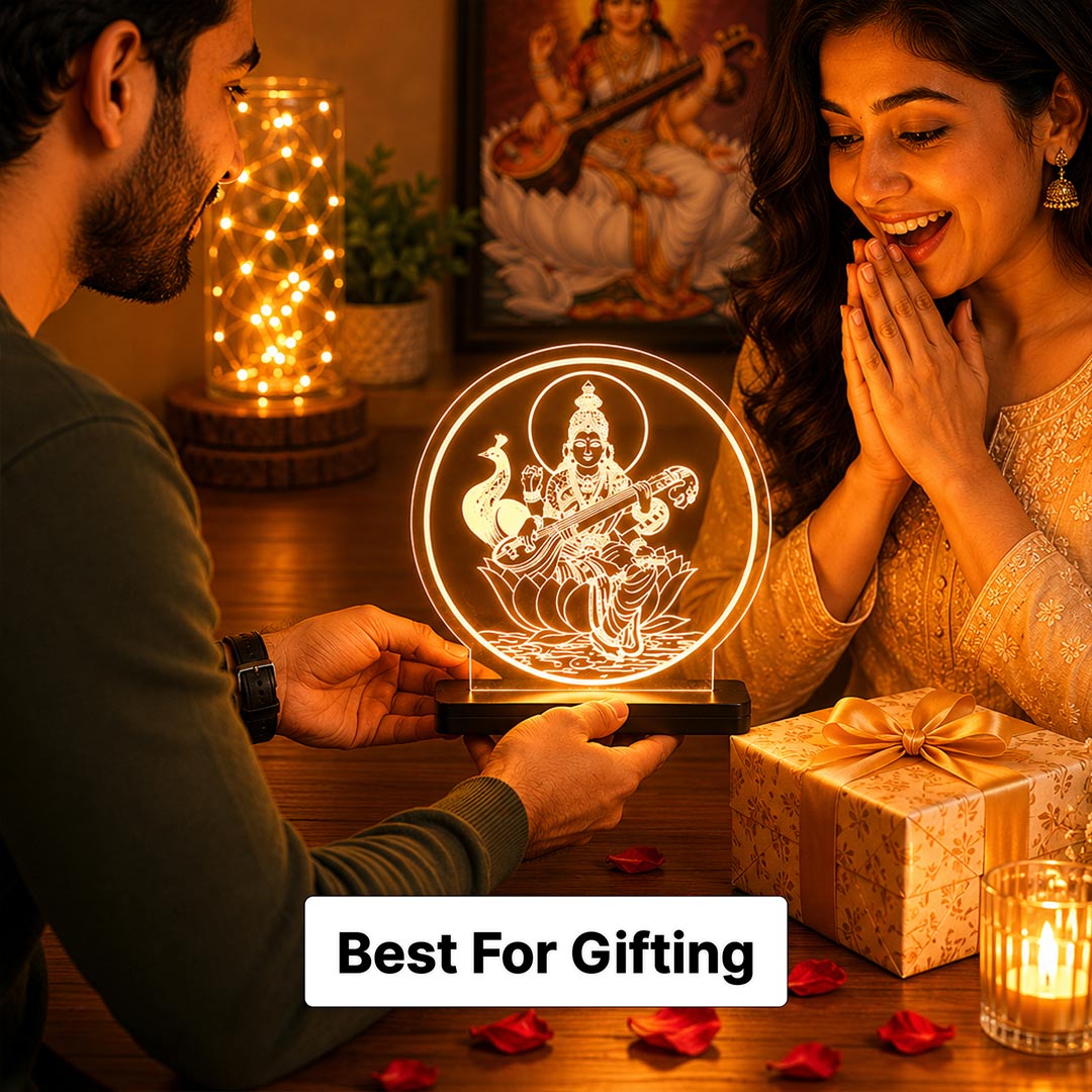 Maa Saraswati LED Acrylic Lamp – Goddess of Knowledge Decorative Night Light for Study Table, Home Temple & Spiritual Gifting | LoveCraftGifts™